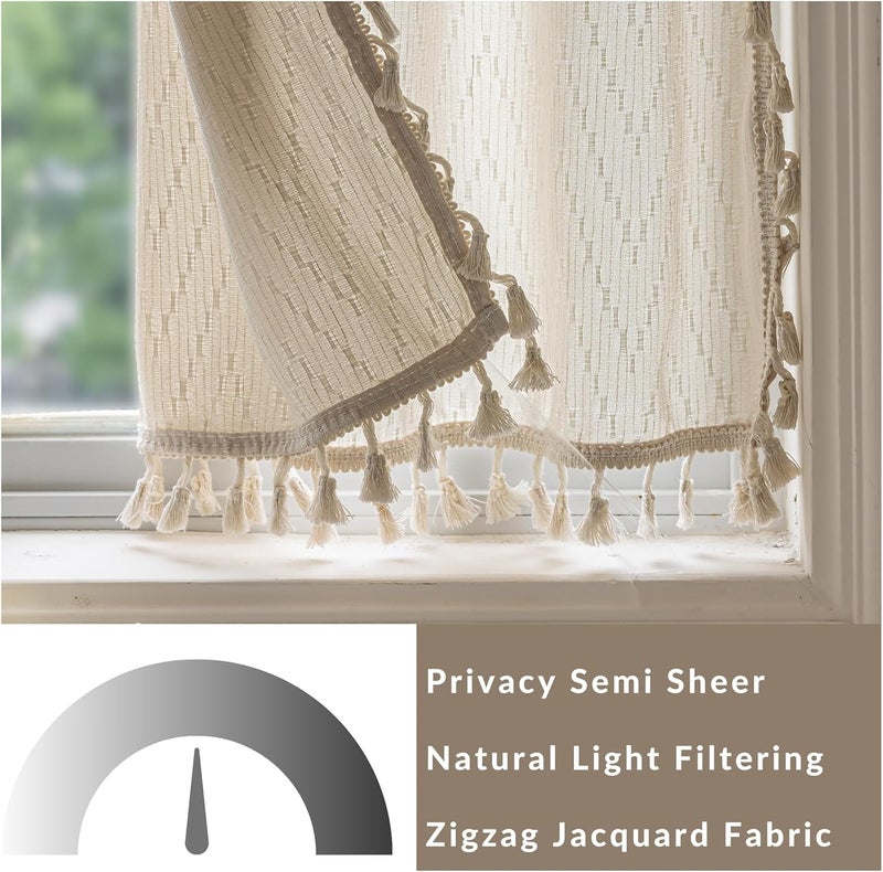 VOILYBIRD Kitchen Window Curtains Over Sink 30 Inch Length Boho Tassel Tiers Cafe Curtains Zigzag Design, 2 Panels, Beige - Image 5